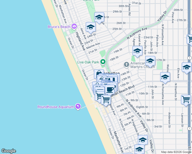 map of restaurants, bars, coffee shops, grocery stores, and more near 232 16th Street in Manhattan Beach
