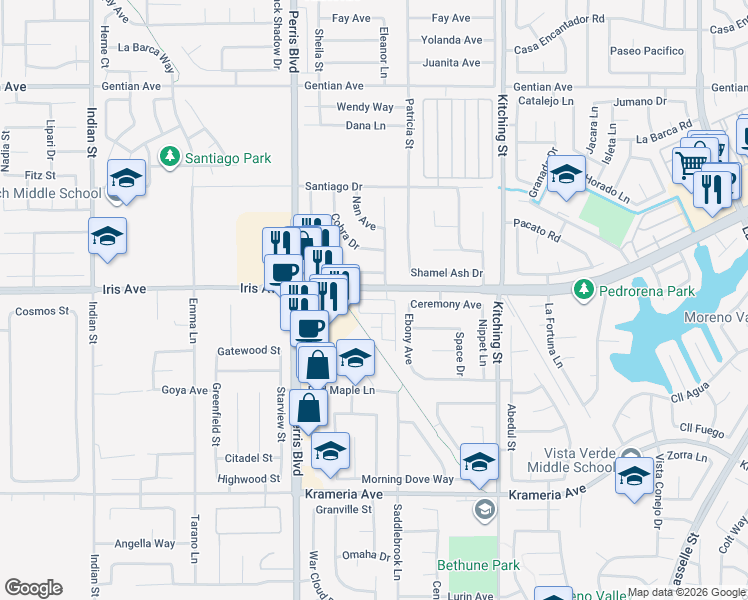 map of restaurants, bars, coffee shops, grocery stores, and more near 25159 Harmony Avenue in Moreno Valley