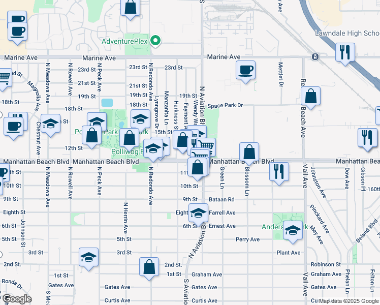 map of restaurants, bars, coffee shops, grocery stores, and more near 1826 12th Street in Manhattan Beach