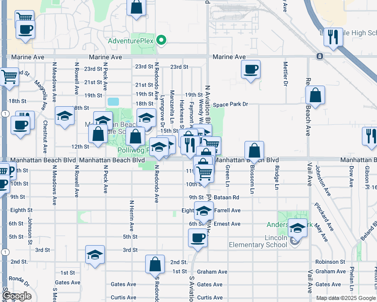 map of restaurants, bars, coffee shops, grocery stores, and more near 1812 12th Street in Manhattan Beach