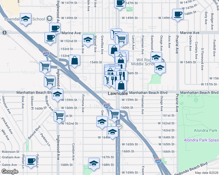 map of restaurants, bars, coffee shops, grocery stores, and more near 15714 Grevillea Avenue in Lawndale