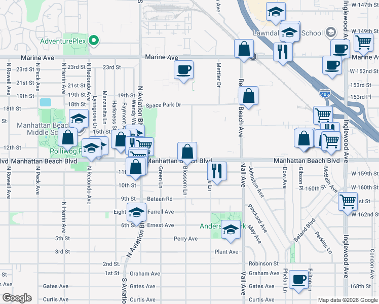map of restaurants, bars, coffee shops, grocery stores, and more near in Redondo Beach