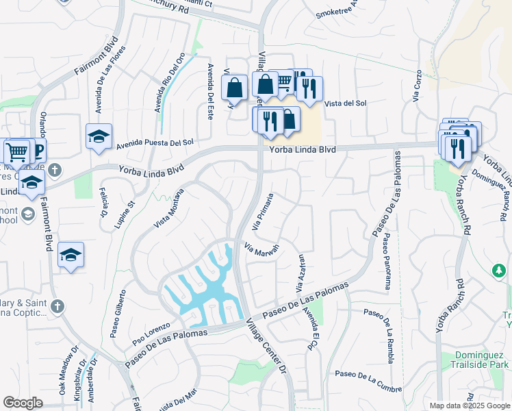 map of restaurants, bars, coffee shops, grocery stores, and more near Village Center Drive in Yorba Linda