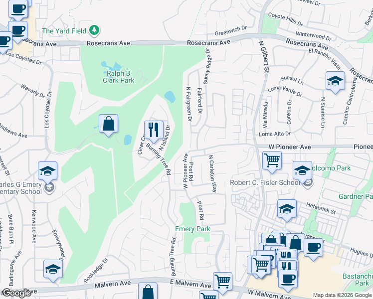map of restaurants, bars, coffee shops, grocery stores, and more near 1501 North Fairgreen Drive in Fullerton