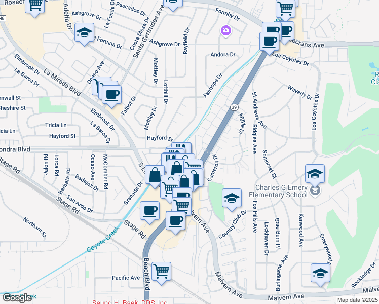 map of restaurants, bars, coffee shops, grocery stores, and more near 20 Dallas Street in Buena Park