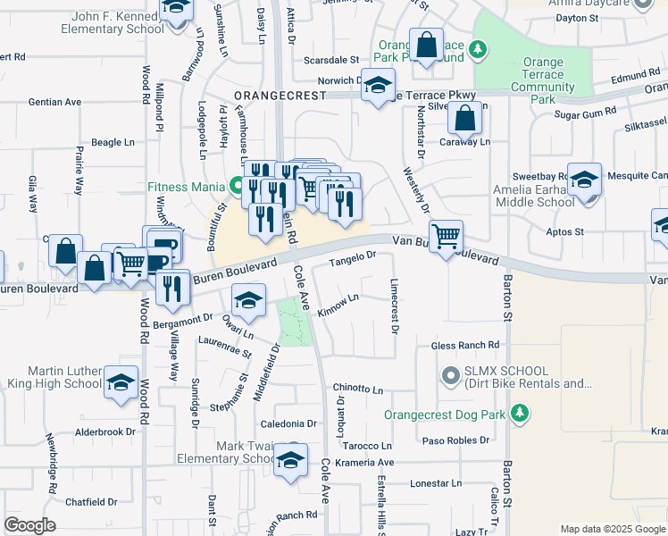 map of restaurants, bars, coffee shops, grocery stores, and more near 19479 Tangelo Drive in Riverside