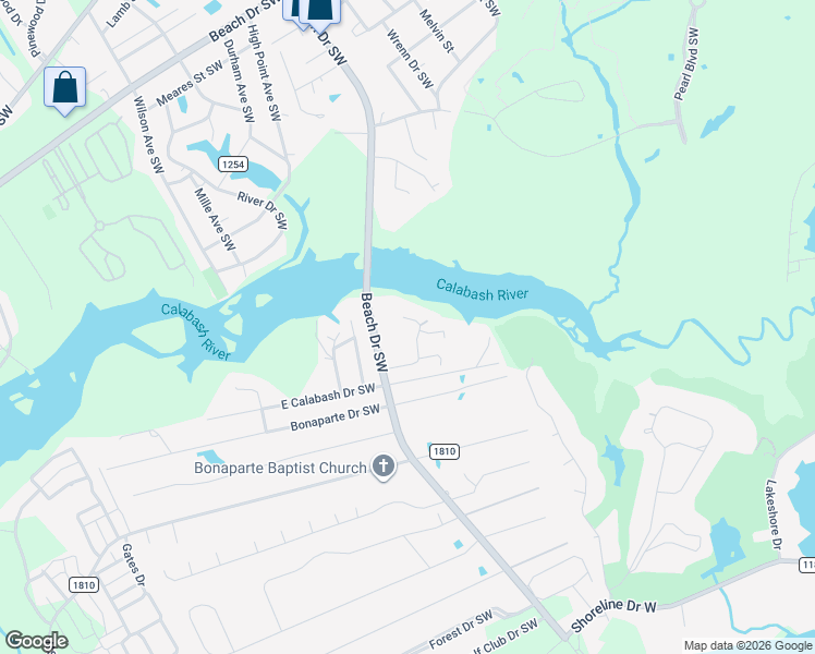 map of restaurants, bars, coffee shops, grocery stores, and more near 8995 Woodbine Road Southwest in Sunset Beach