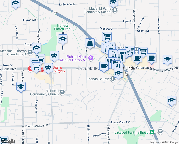 map of restaurants, bars, coffee shops, grocery stores, and more near 5036 Ruth Way in Yorba Linda