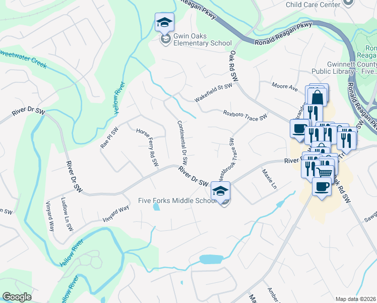 map of restaurants, bars, coffee shops, grocery stores, and more near 3239 Continental Court in Lawrenceville