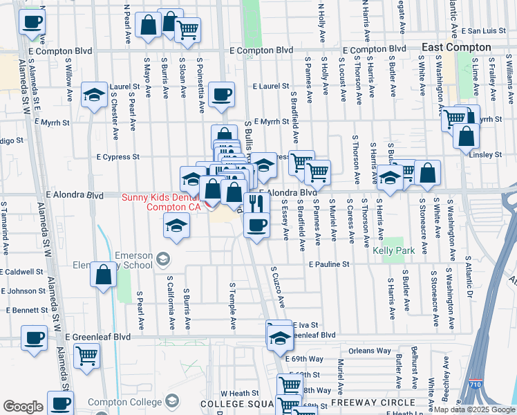 map of restaurants, bars, coffee shops, grocery stores, and more near 15918 South Bullis Road in Compton