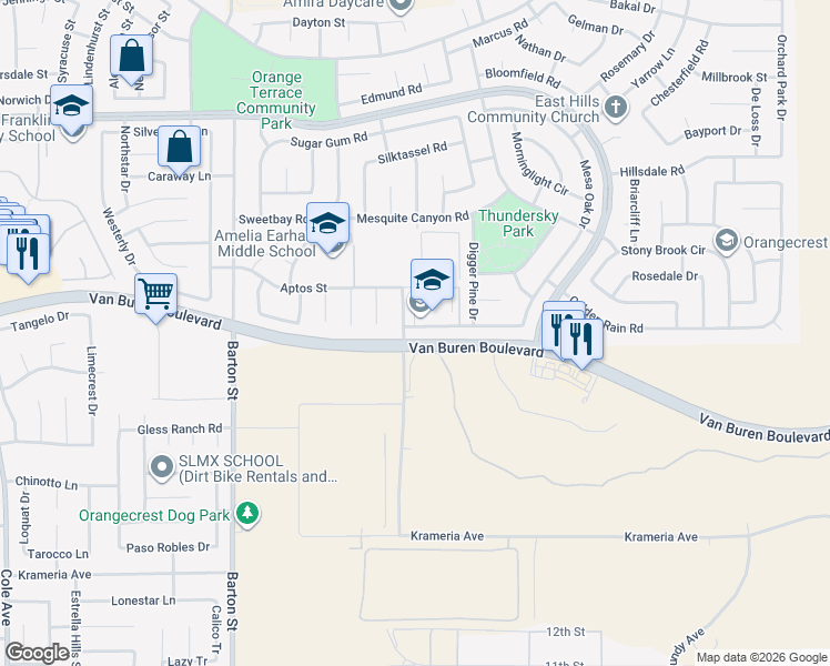 map of restaurants, bars, coffee shops, grocery stores, and more near 20329 Red Poppy Lane in Riverside