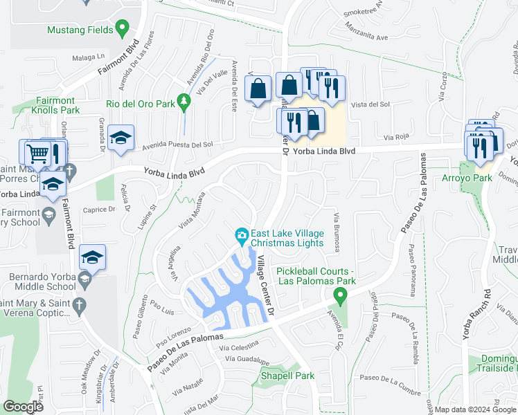 map of restaurants, bars, coffee shops, grocery stores, and more near 5095 Vía Donaldo in Yorba Linda