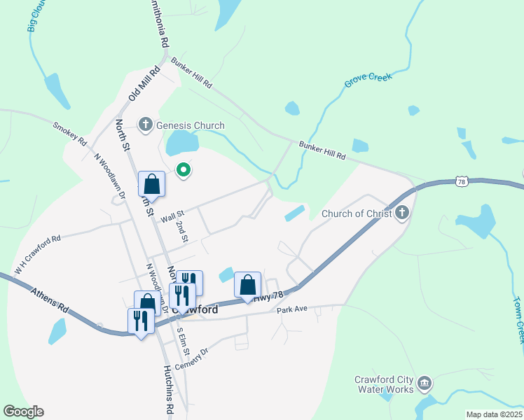 map of restaurants, bars, coffee shops, grocery stores, and more near 107 Quiet Oak Drive in Crawford