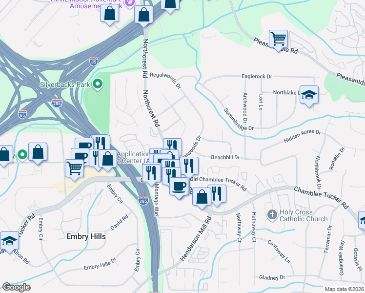map of restaurants, bars, coffee shops, grocery stores, and more near 3341 Thornewood Drive in Doraville