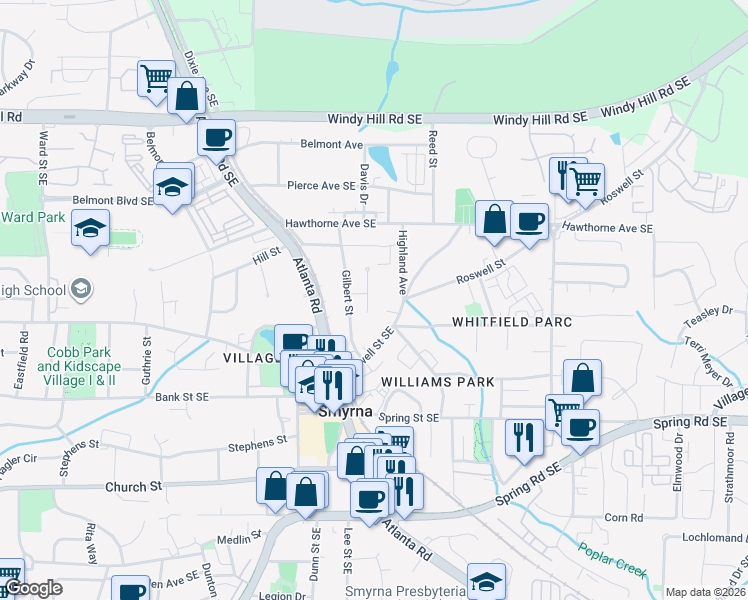 map of restaurants, bars, coffee shops, grocery stores, and more near 2670 Devin Court Southeast in Smyrna
