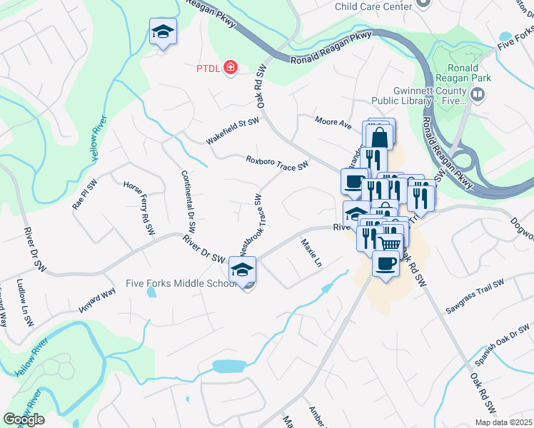 map of restaurants, bars, coffee shops, grocery stores, and more near 3182 Westbrook Trace Southwest in Lawrenceville