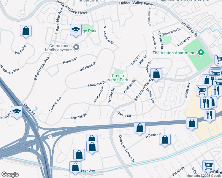 map of restaurants, bars, coffee shops, grocery stores, and more near 548 Harding Road in Corona