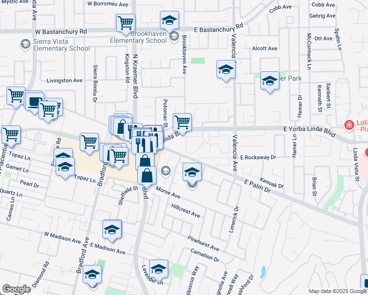 map of restaurants, bars, coffee shops, grocery stores, and more near 351 East Palm Drive in Placentia