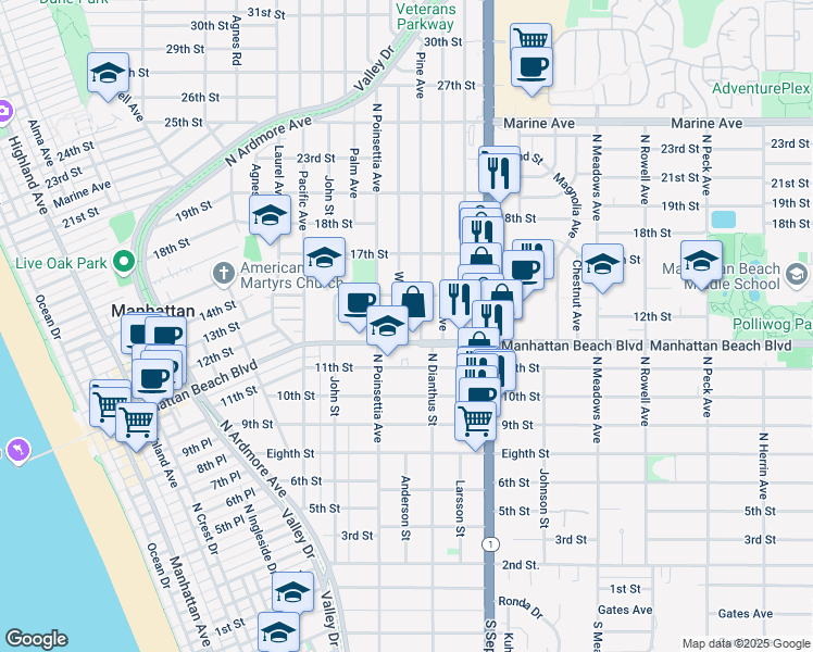 map of restaurants, bars, coffee shops, grocery stores, and more near 1148 Walnut Avenue in Manhattan Beach