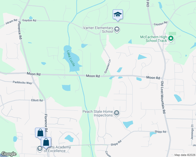 map of restaurants, bars, coffee shops, grocery stores, and more near 4869 Moon Road in Powder Springs