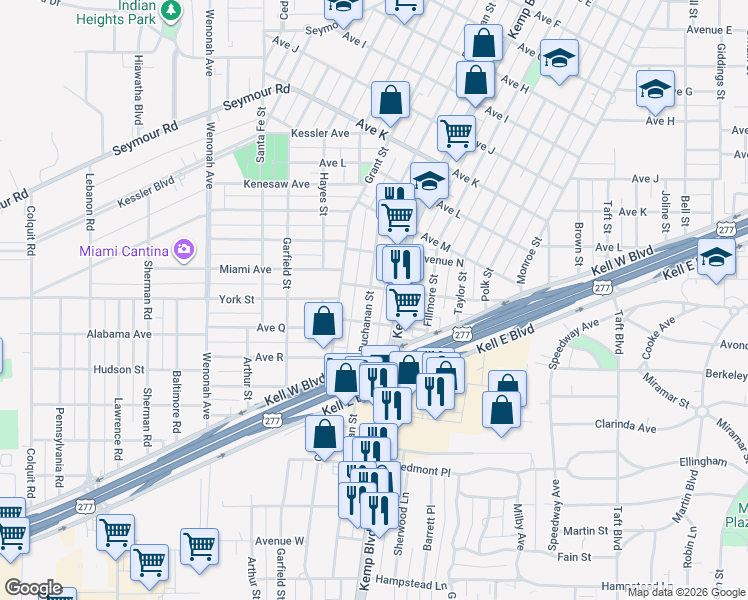 map of restaurants, bars, coffee shops, grocery stores, and more near 2505 Buchanan Street in Wichita Falls