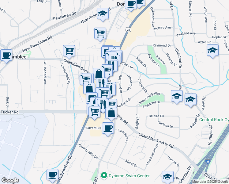 map of restaurants, bars, coffee shops, grocery stores, and more near 3405 Shallowford Road in Doraville
