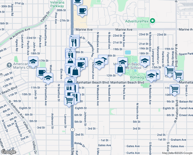 map of restaurants, bars, coffee shops, grocery stores, and more near 1163 North Meadows Avenue in Manhattan Beach