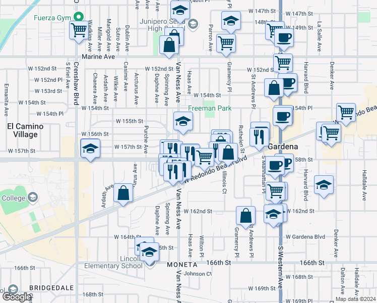 map of restaurants, bars, coffee shops, grocery stores, and more near 2125 West 157th Street in Gardena