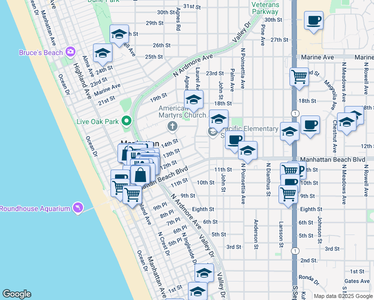 map of restaurants, bars, coffee shops, grocery stores, and more near 724 13th Street in Manhattan Beach