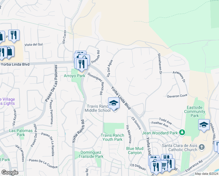 map of restaurants, bars, coffee shops, grocery stores, and more near 5060 Vía Del Fierro in Yorba Linda