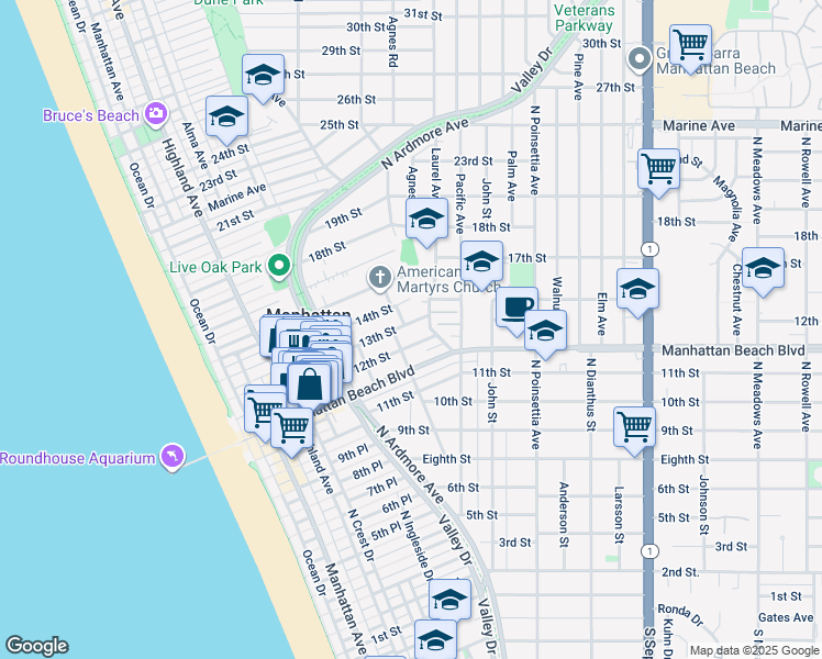 map of restaurants, bars, coffee shops, grocery stores, and more near 724 13th Street in Manhattan Beach