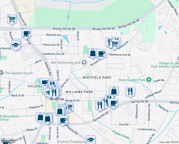 map of restaurants, bars, coffee shops, grocery stores, and more near 1039 Windy Oaks Court in Smyrna