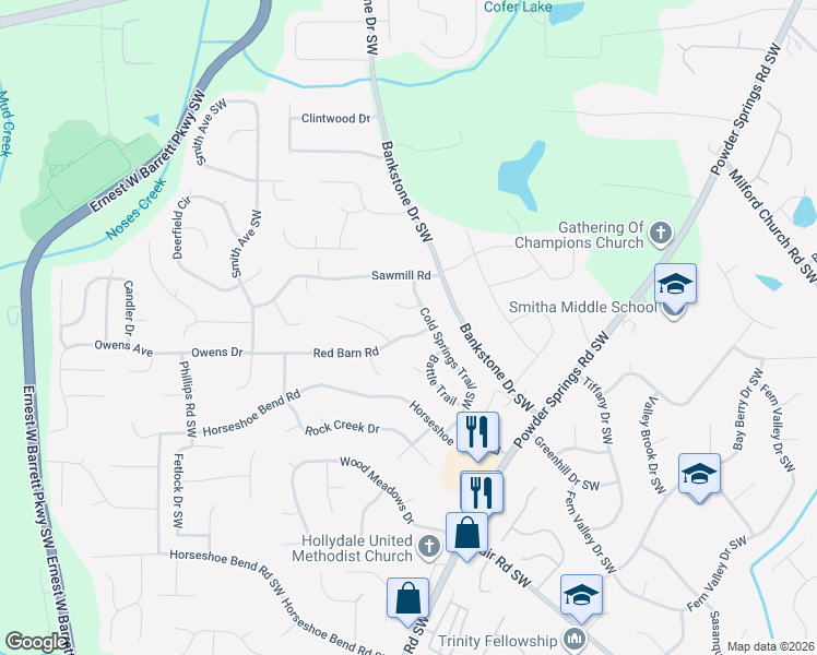 map of restaurants, bars, coffee shops, grocery stores, and more near 2366 Red Barn Road in Marietta