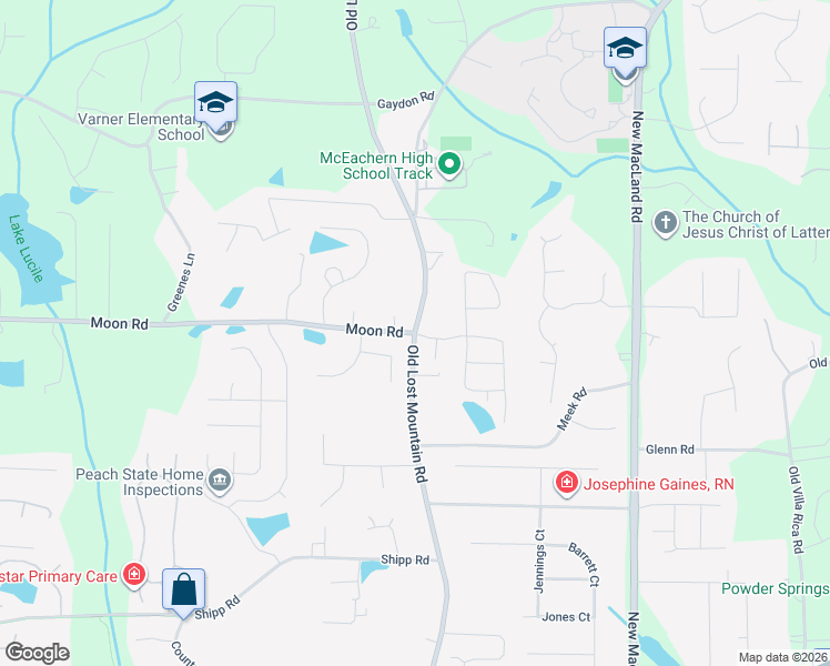 map of restaurants, bars, coffee shops, grocery stores, and more near 4580 Moon Road in Powder Springs