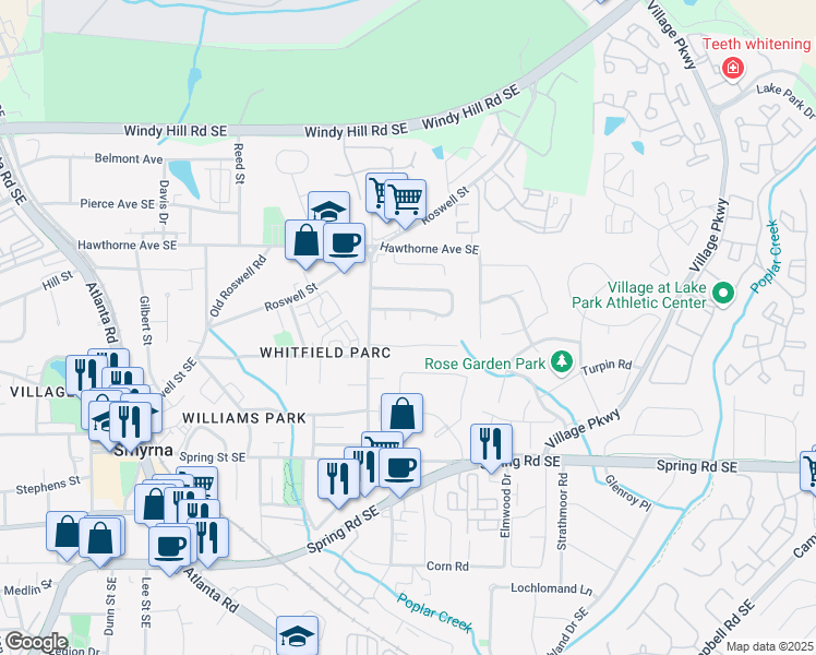 map of restaurants, bars, coffee shops, grocery stores, and more near 1551 Springleaf Court Southeast in Smyrna