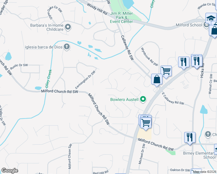 map of restaurants, bars, coffee shops, grocery stores, and more near 1354 Windage Court Southwest in Marietta