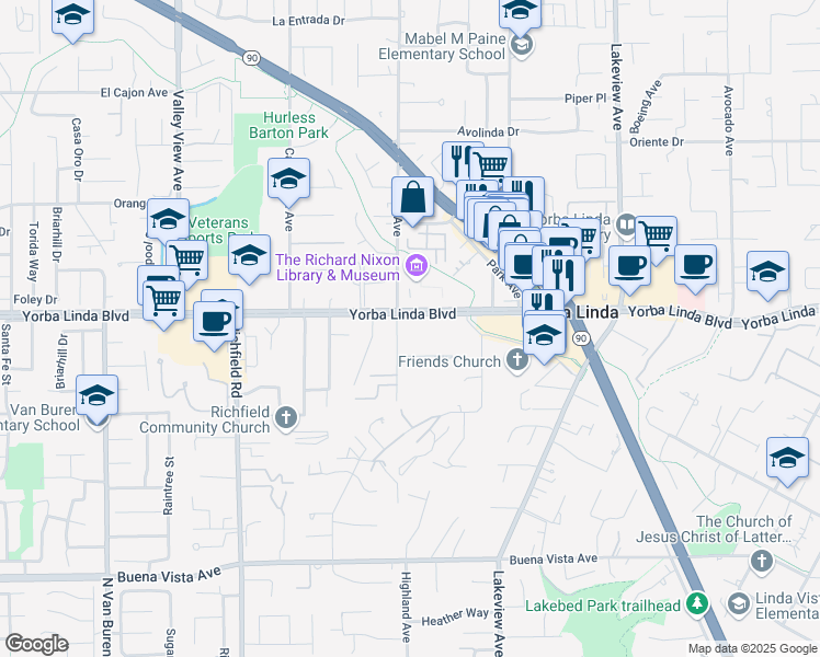 map of restaurants, bars, coffee shops, grocery stores, and more near 5036 Ruth Way in Yorba Linda