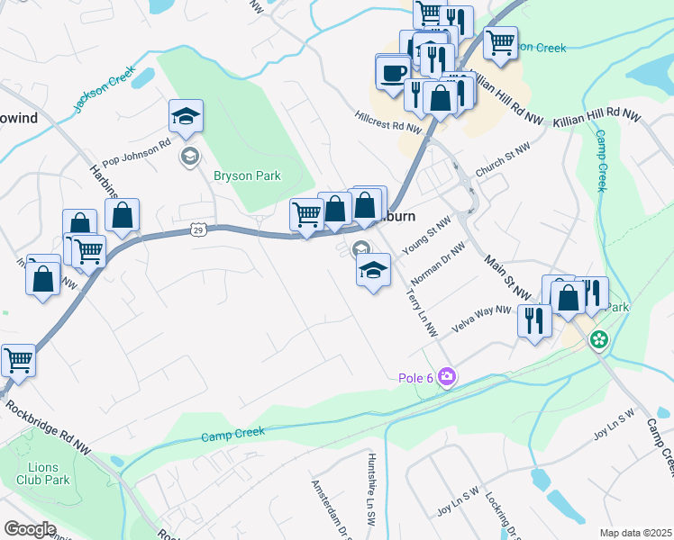 map of restaurants, bars, coffee shops, grocery stores, and more near 325 Jon Jeff Drive Northwest in Lilburn