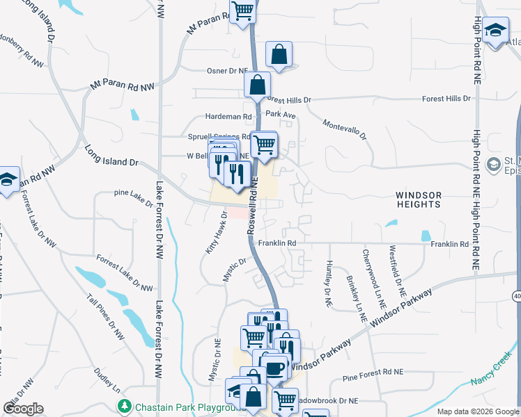 map of restaurants, bars, coffee shops, grocery stores, and more near Roswell Road in Sandy Springs