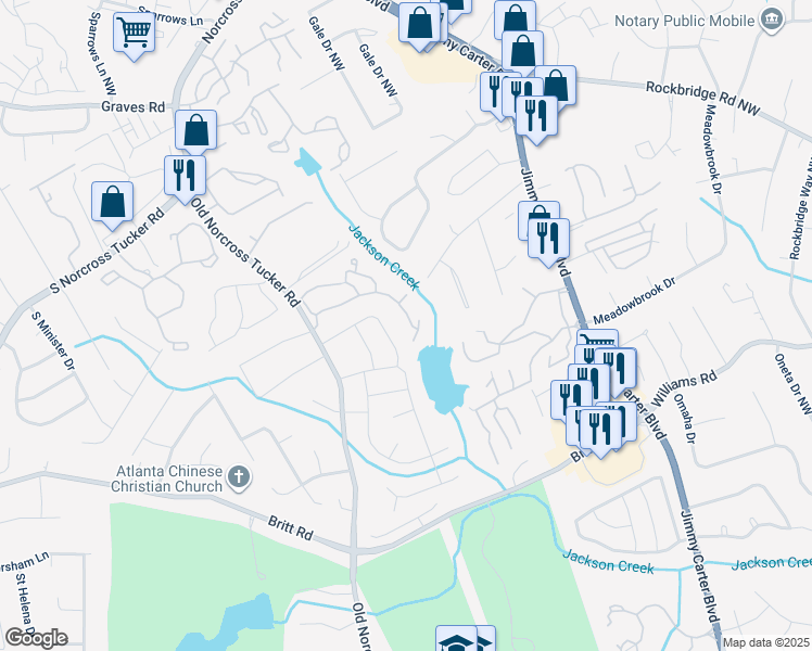 map of restaurants, bars, coffee shops, grocery stores, and more near 6340 Wedgeview Drive in Tucker