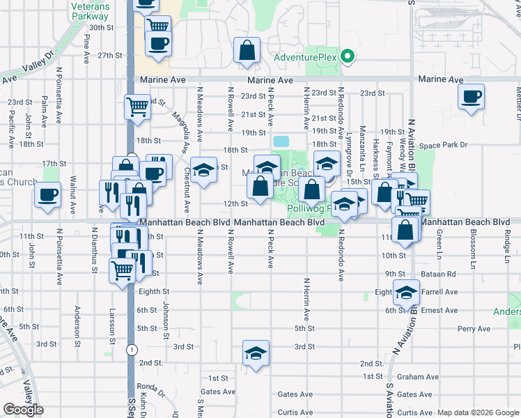 map of restaurants, bars, coffee shops, grocery stores, and more near 1450 12th Street in Manhattan Beach