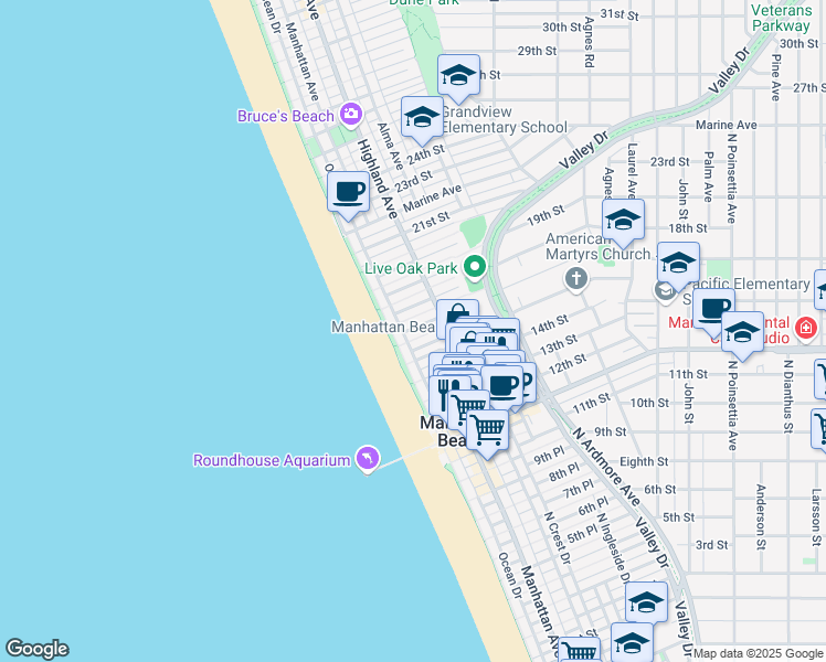 map of restaurants, bars, coffee shops, grocery stores, and more near 124 16th Place in Manhattan Beach
