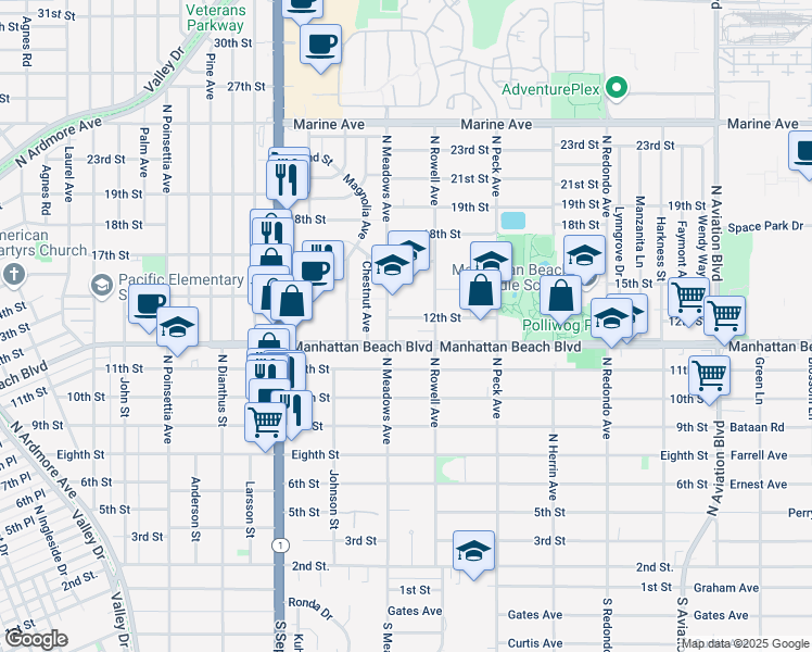 map of restaurants, bars, coffee shops, grocery stores, and more near 1320 12th Street in Manhattan Beach