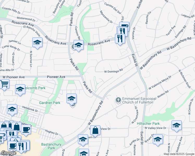 map of restaurants, bars, coffee shops, grocery stores, and more near 1444 West Dove Lane in Fullerton