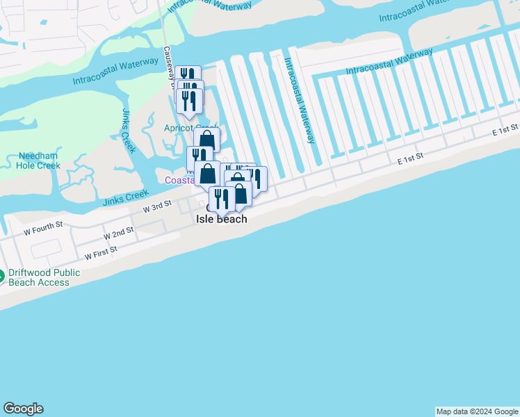 map of restaurants, bars, coffee shops, grocery stores, and more near 28 East 1st Street in Ocean Isle Beach