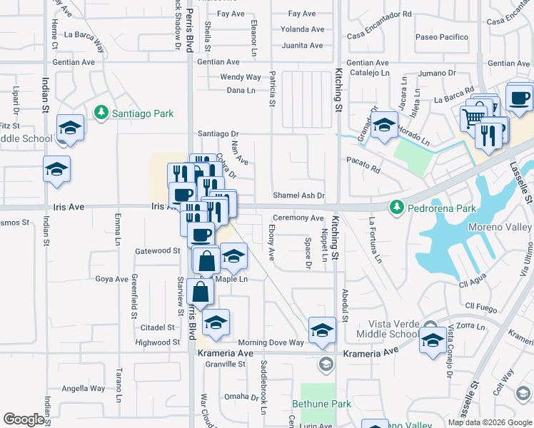map of restaurants, bars, coffee shops, grocery stores, and more near 25264 Ceremony Avenue in Moreno Valley
