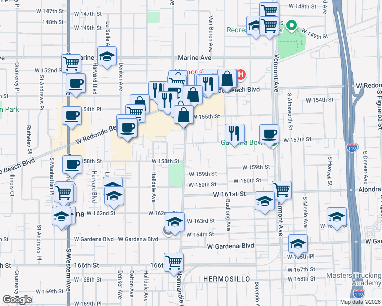 map of restaurants, bars, coffee shops, grocery stores, and more near 15716 Normandie Avenue in Gardena