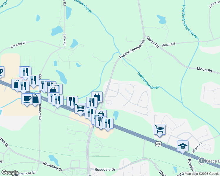 map of restaurants, bars, coffee shops, grocery stores, and more near 15 Poplar Farms Drive in Hiram