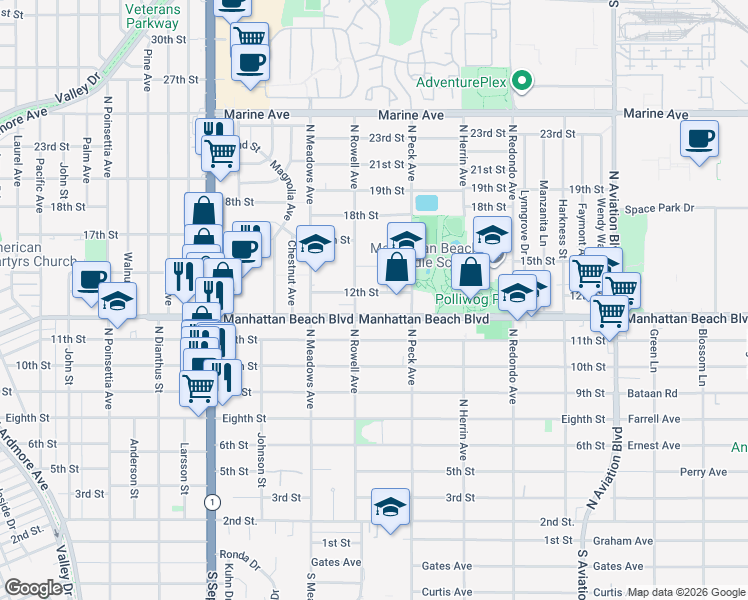 map of restaurants, bars, coffee shops, grocery stores, and more near 1420 12th Street in Manhattan Beach