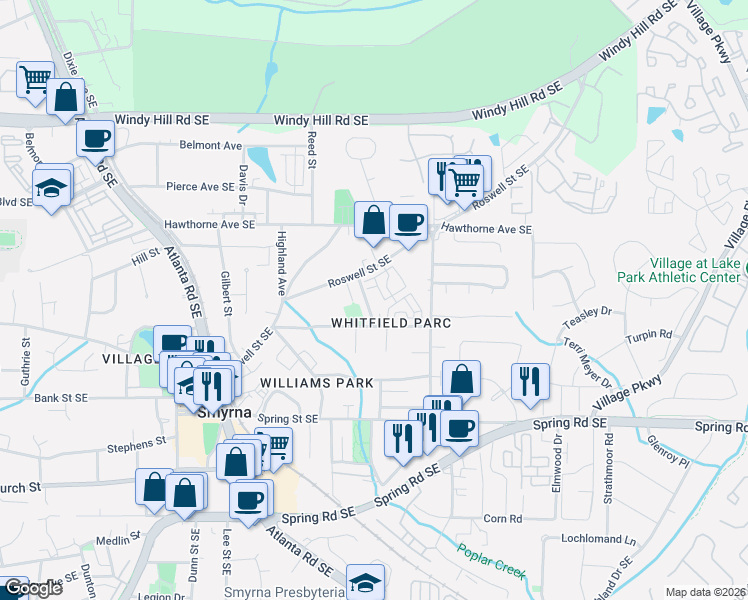 map of restaurants, bars, coffee shops, grocery stores, and more near 1039 Windy Oaks Court in Smyrna